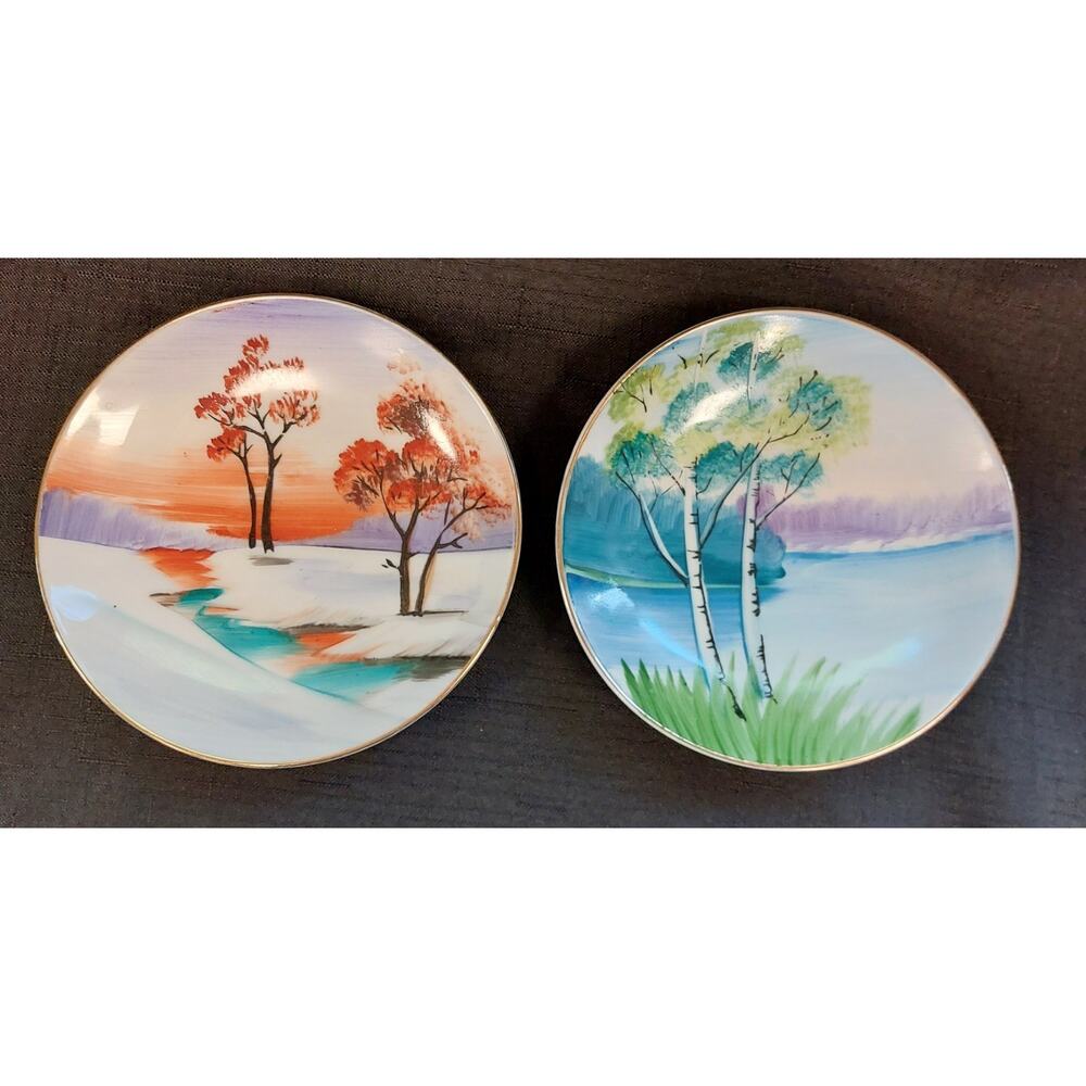 Vintage Hitomi Style (Unsigned) Approximately 5 1/4" Landscape Plates Set of 2